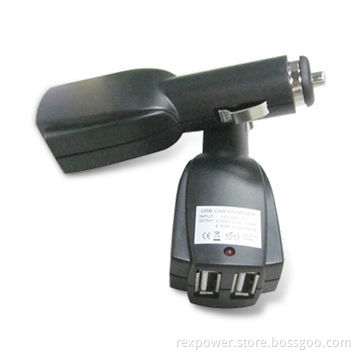 Double USB Car Charger with 12 to 24V DC Inputs and 5V DC, 1,000mA Output of Each USB